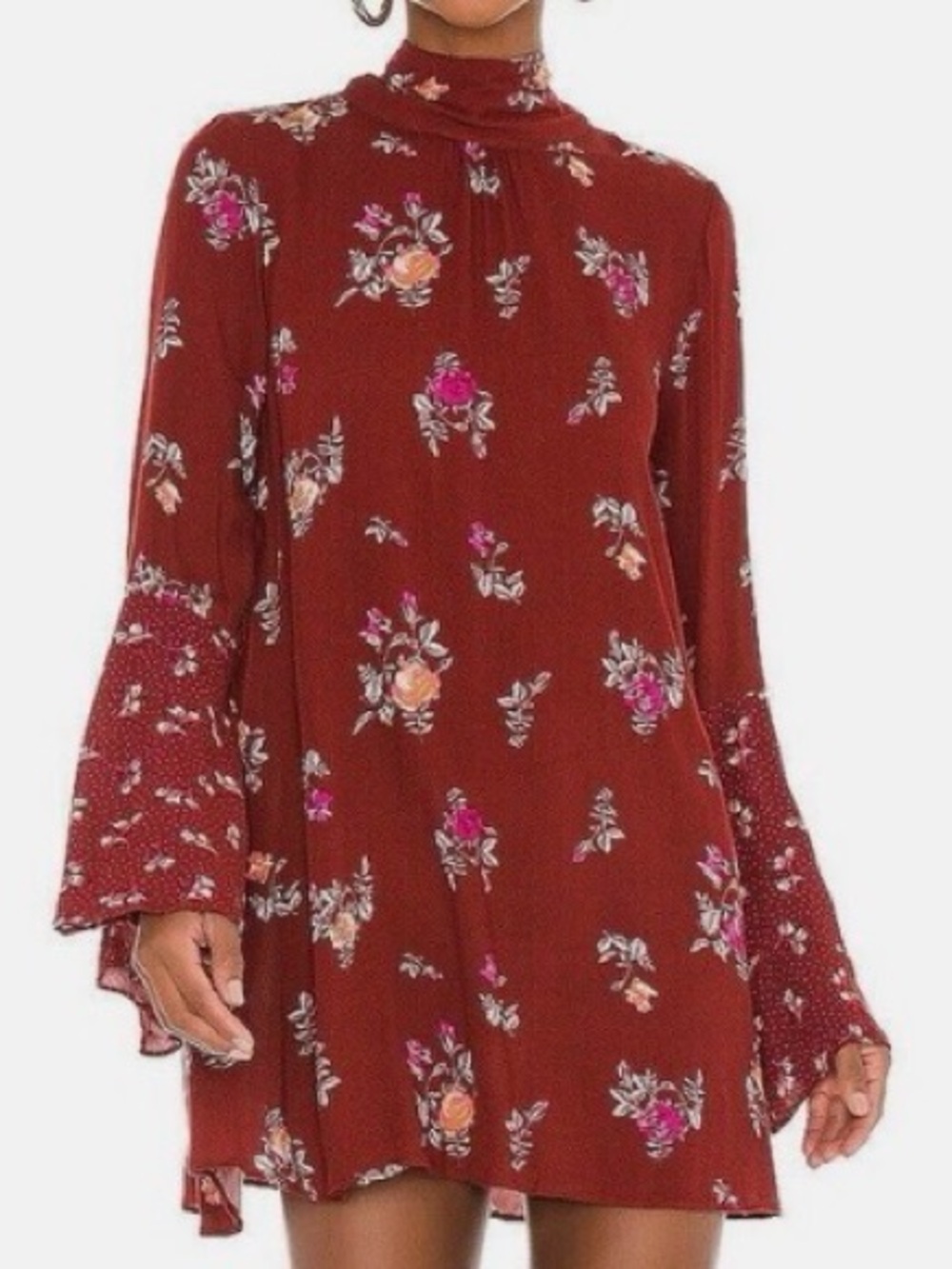 Free People Rust Floral High-Neck Bell-Sleeve Mini Dress or tunic